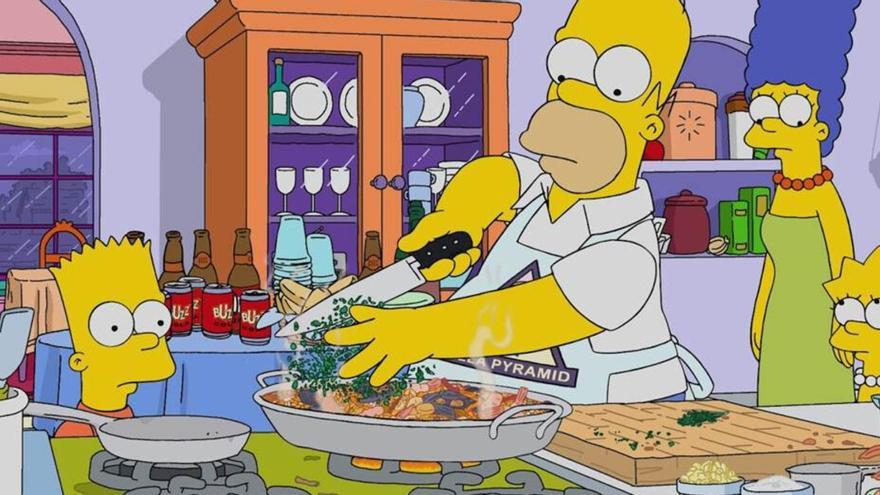 La esperpéntica paella de Homer Simpson: una receta con mejillones y chorizo