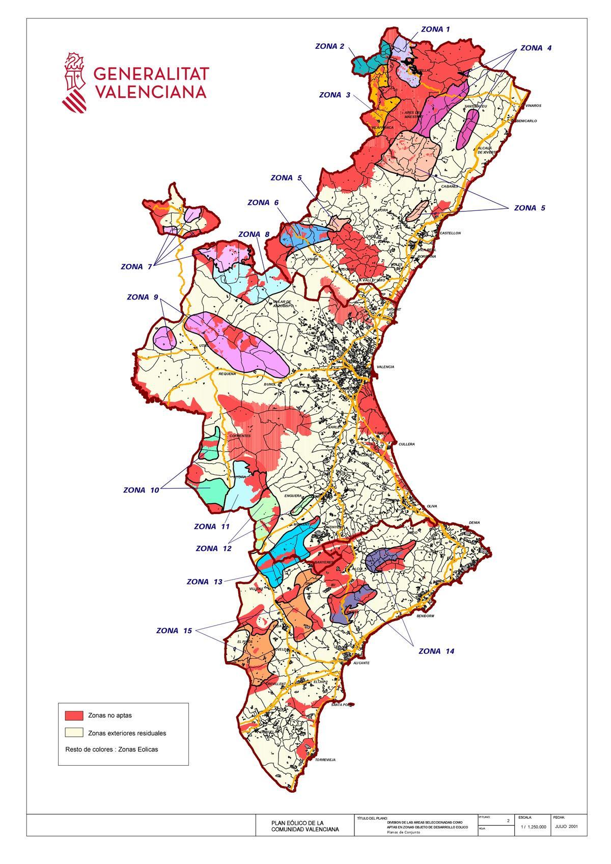 Plano de zonas del Plan Eólico de la Comunitat Valenciana.