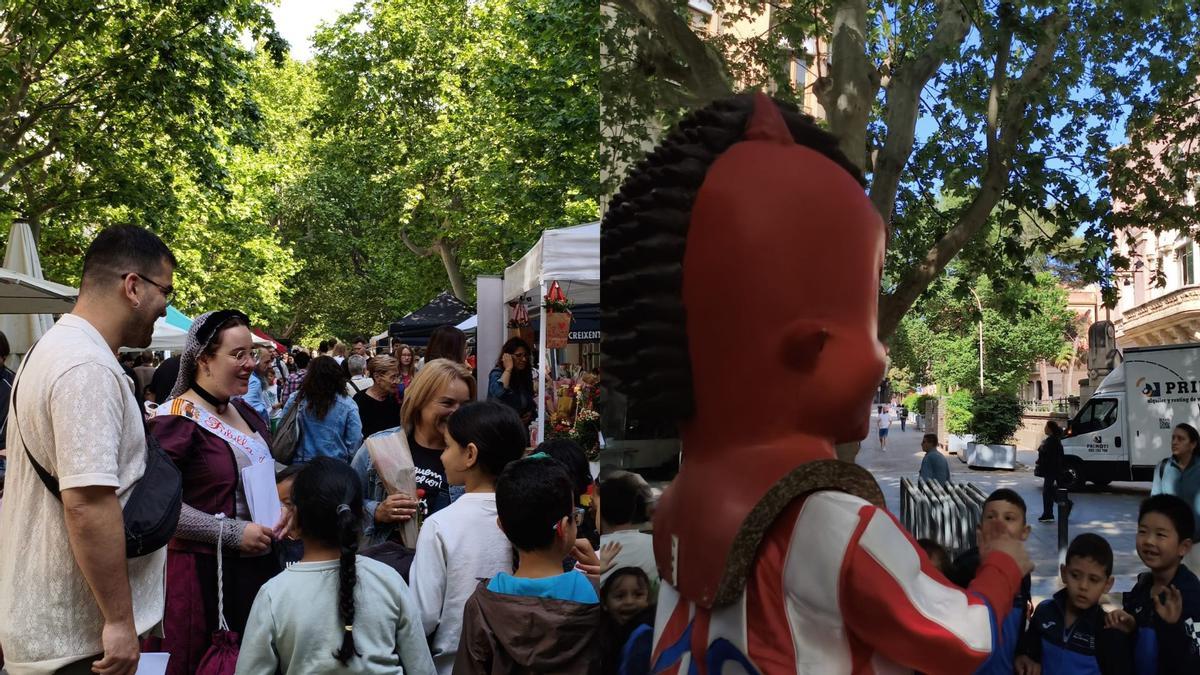 A l'esquerra la Pubilla repartint pamflets i a la dreta la mascota el CE Manresa xocan la mà als nens