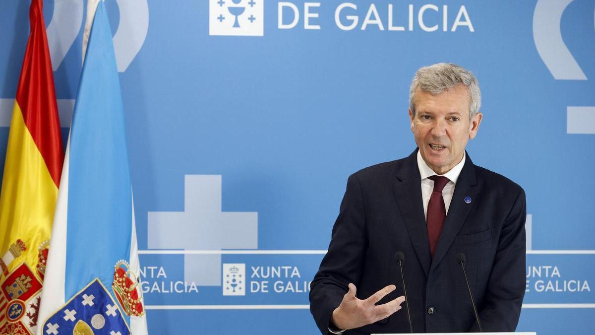 El presidente de la Xunta, Alfonso Rueda, en rueda de prensa, hoy.