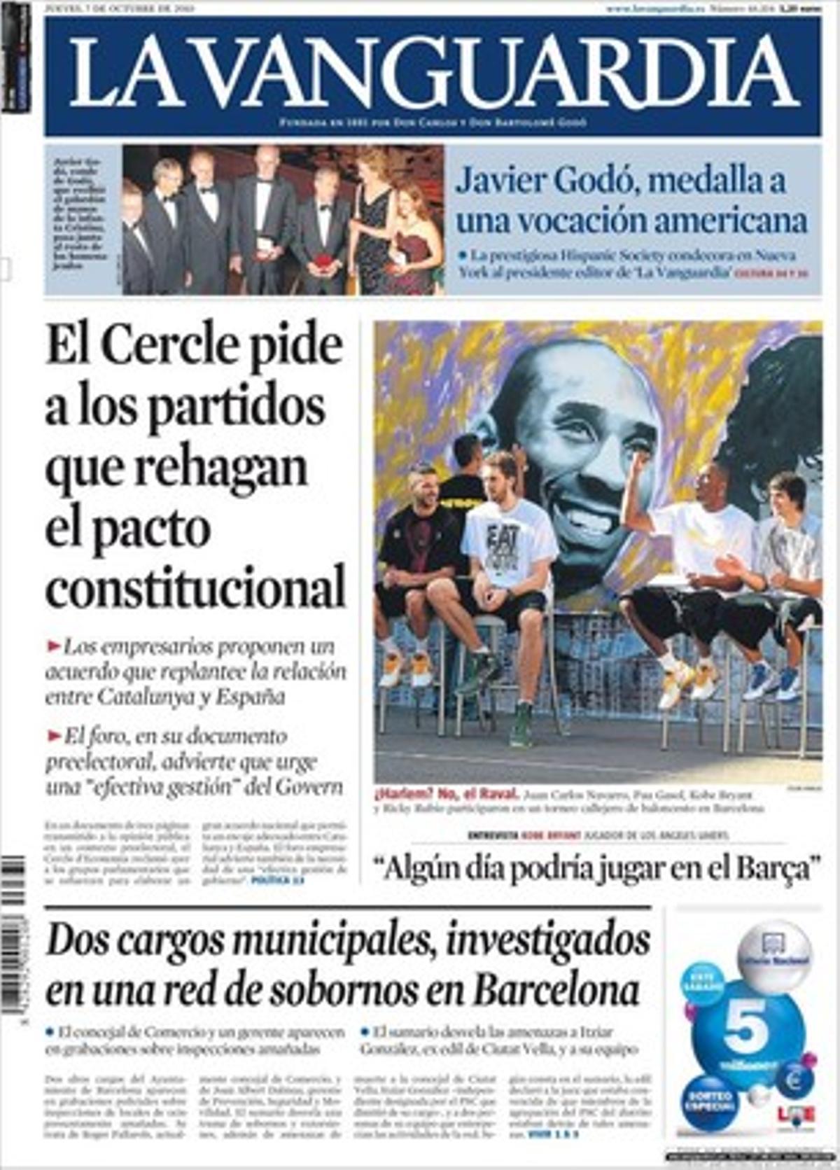 ’La Vanguardia’ destaca a dins que una comissió del Senat recomana que una llei prohibeixi que els menors de 3 anys tutelats acabin en residències, que els Mossos troben una llibreta amb els suborns pagats per llicències al districte barceloní de Ciutat Vella i una entrevista a Kobe Bryant: Algun dia podria jugar al Barça.