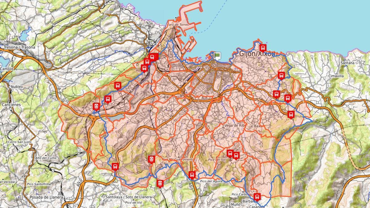 Mapa del Anillo Exterior de Gijón.