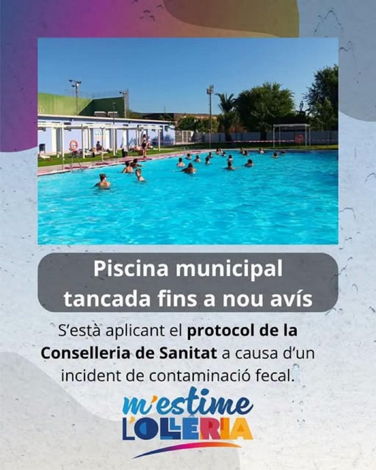 Mensaje compartido en redes sociales por el Ayuntamiento de l'Olleria por el cierre de la piscina por un episodio de contaminación fecal.