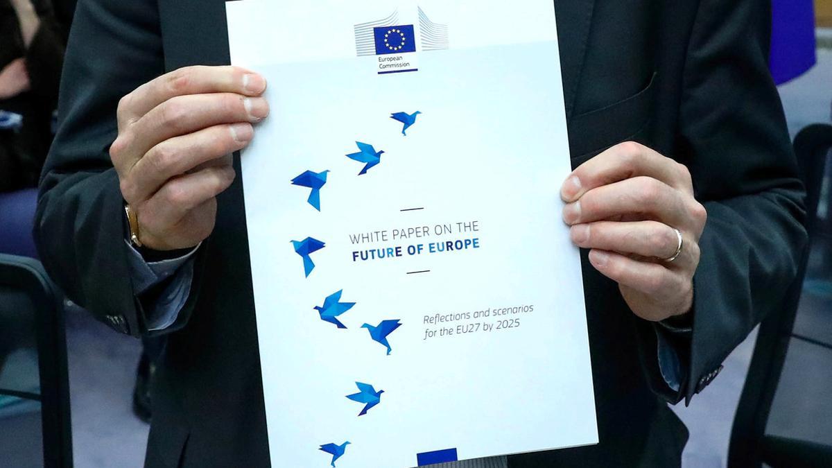 The cover page of the White Paper on the Future of Europe, which will be presented before the European Parliament on Wednesday by the EU Commission President Juncker, is seen in Brussels