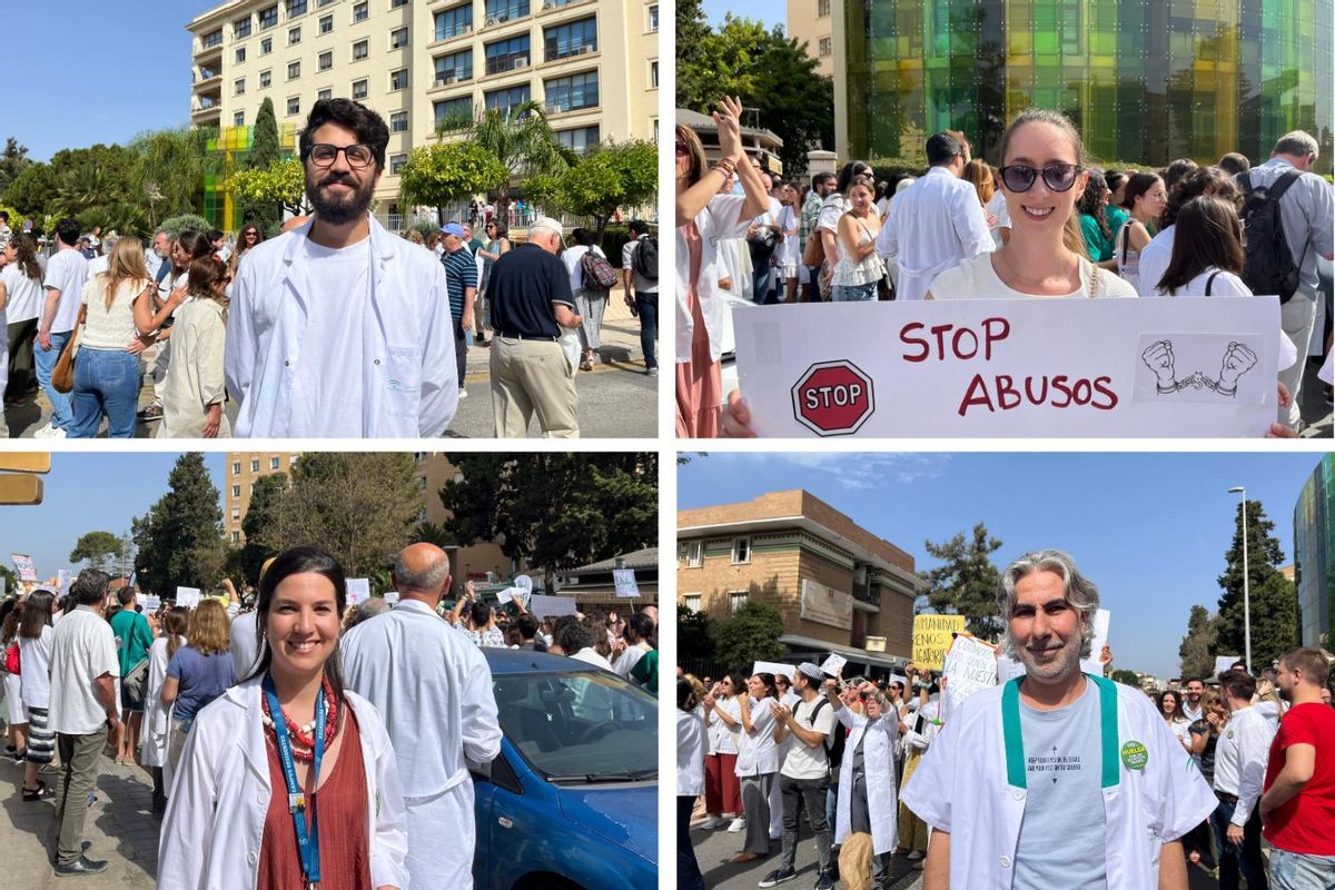 Los doctores Javier, Eva, María y Omar en la concentración contra el Estatuto Marco del 13 de junio
