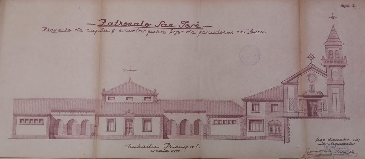 La portada del proyecto del Patronato San José para el proyecto de "capilla y escuelas para hijos de pescadores en Bueu".