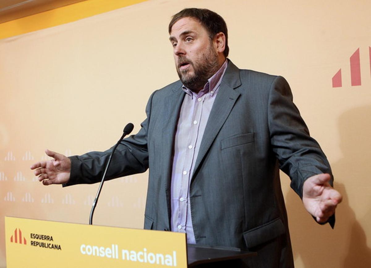 El president d’ERC, Oriol Junqueras, durant la seva intervenció en un consell nacional del partit.