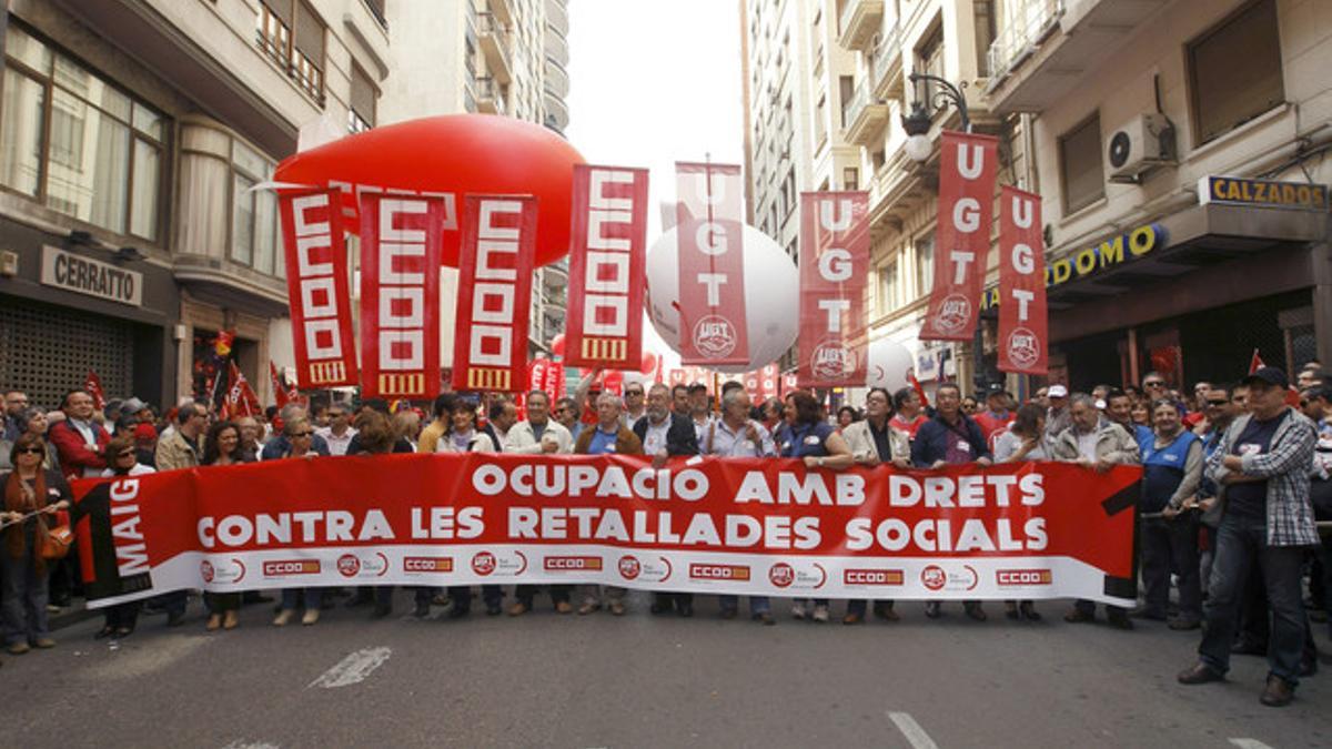 Imagen de la cabecera de la manifestación del Primero de Mayo en Valencia.