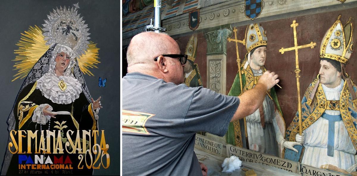 Cartel de la Semana Santa de Panamá 2026 y a la derecha, el malagueño Miguel González Giménez, en pleno trabajo en la Sala Capitular de la Catedral de Toledo.