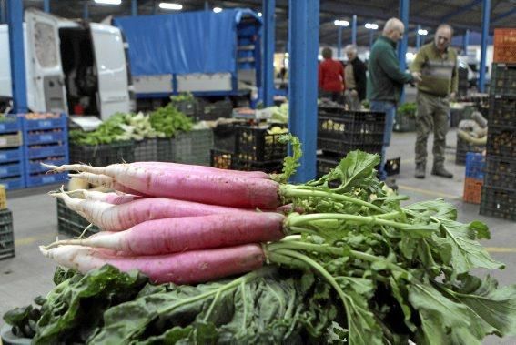 Auf dem Großmarkt wird mit Tonnen an Gemüse, Fleis