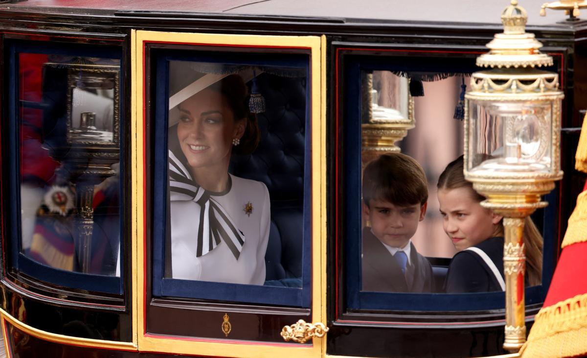 Britains Catherine, Princess of Wales, Prince George, Princess Charlotte and Prince Louis attend the Trooping the Colour parade to honour Britains King Charles on his official birthday in London, Britain, June 15, 2024. REUTERS/Hollie Adams