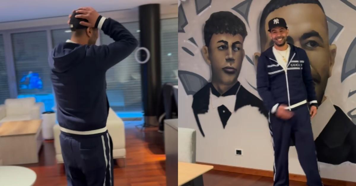 Mounir Nasraoui, padre de Lamine Yamal, descubre el mural en su casa.