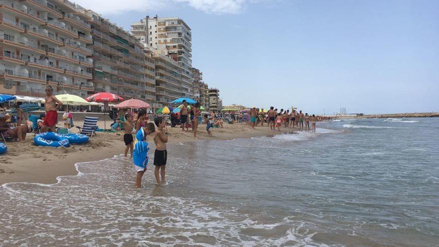 Los bañistas aguardan a la orilla del mar tras ser advertidos de la presencia de una tintorera en el agua.