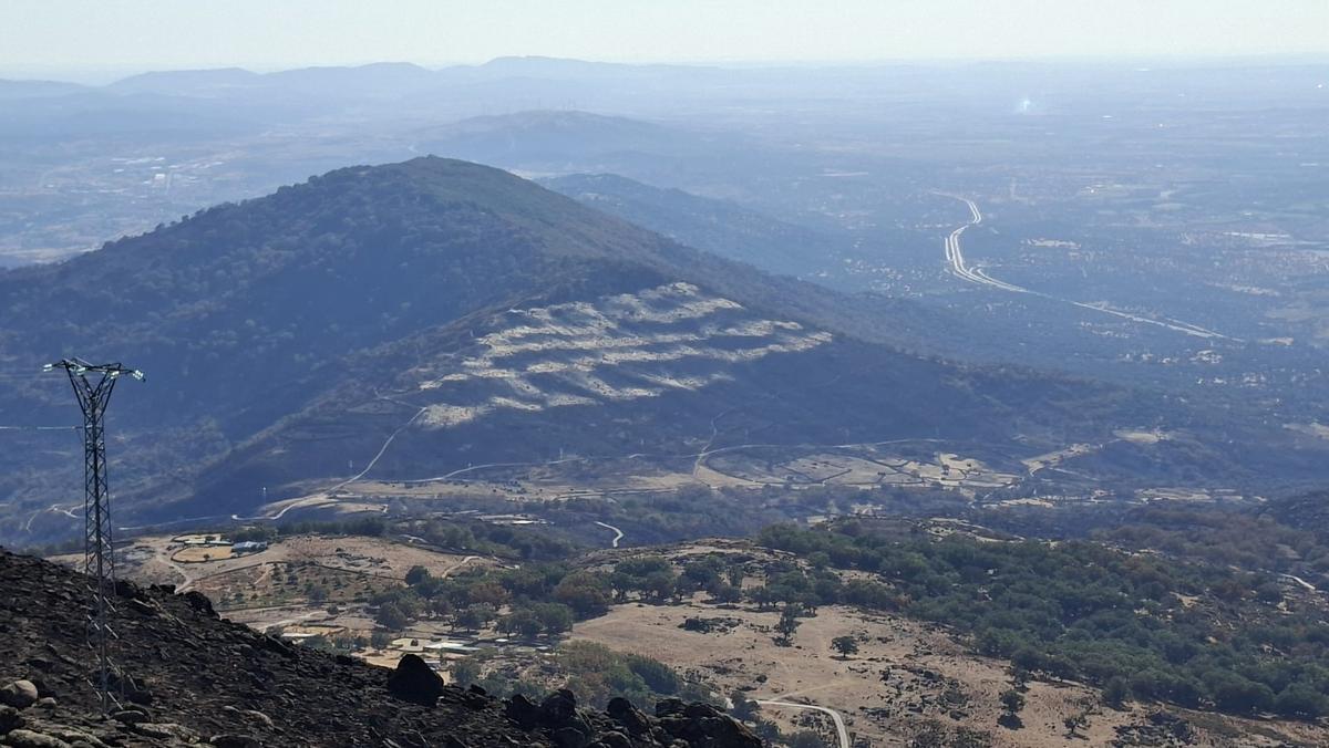 Efecto del 'helimulching' en Hervás, una técnica que consiste en lanzar paja desde helicópteros sobre las superficies quemadas.