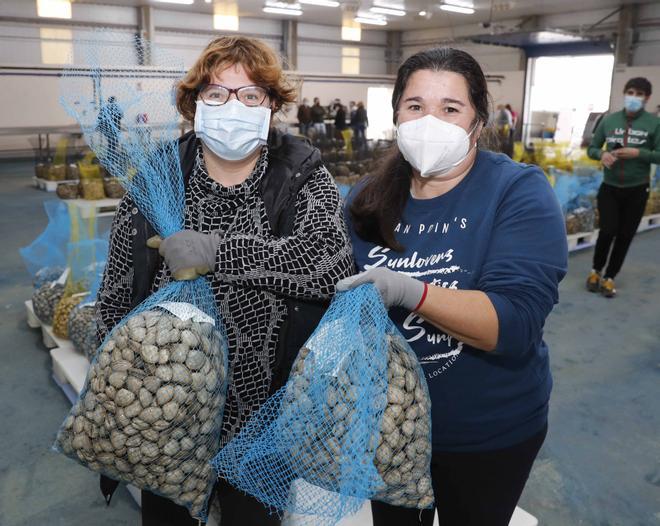 Trabajadores de la lonja de Vigo con dos sacos de almeja, una de las especies más afectadas por la caída de precios.