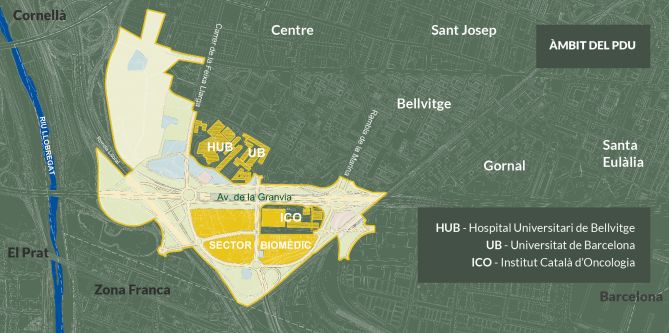 Mapa de la zona enmarcada en el PDU Biopol-Granvia de L'Hospitalet.