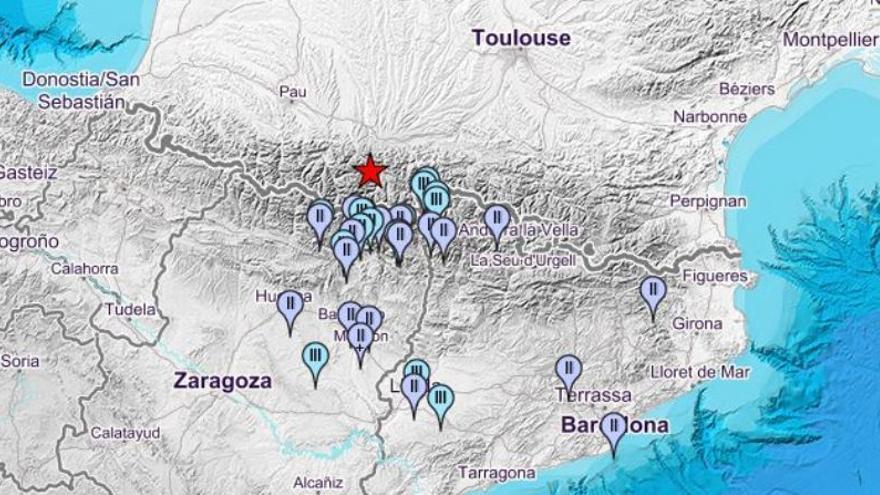 El mapa del IGN con el epicentro del terremoto y las poblaciones en las que se ha sentido.