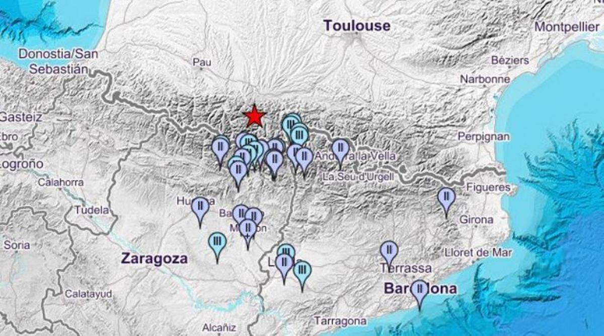 El mapa del IGN con el epicentro del terremoto y las poblaciones en las que se ha sentido.