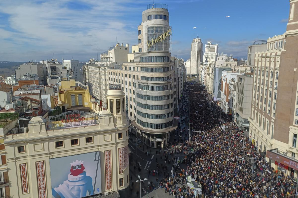 MADRID, 12/02/2023.- Vista general de la manifestación en defensa de la sanidad pública a su paso por la Gran Vía, convocada este domingo en Madrid. EFE/ Juan Carlos Fraile