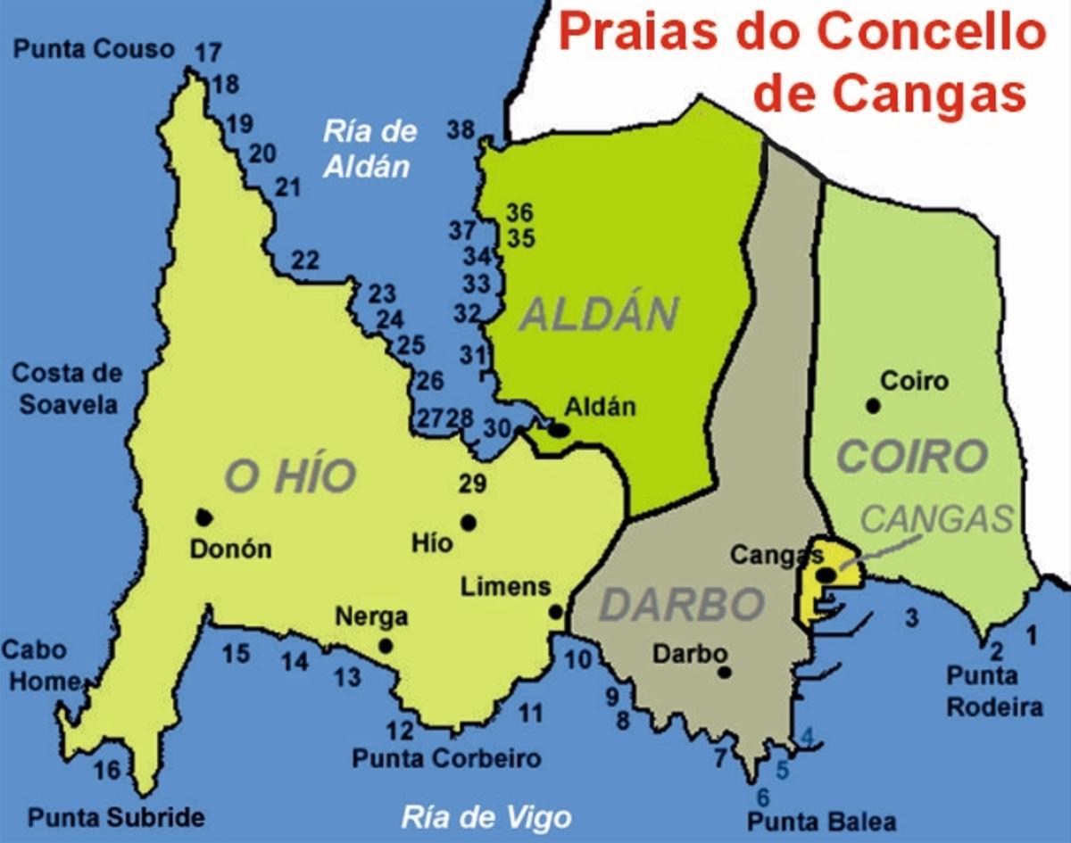 Mapa coa ubicación das praias do municipio de Cangas.