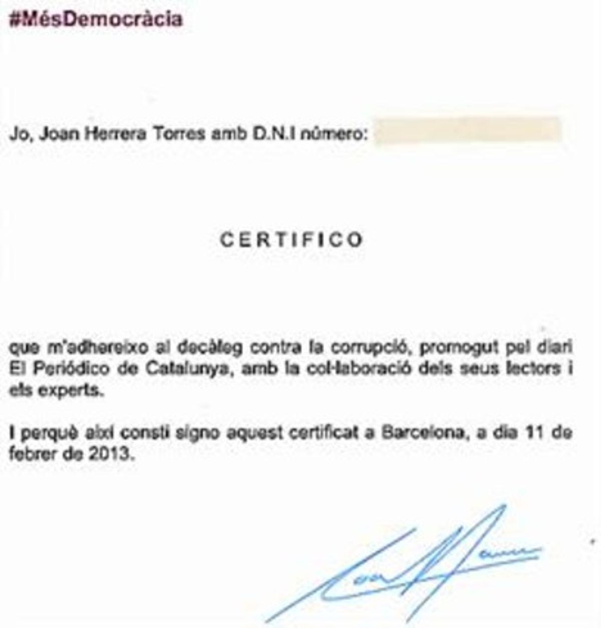 JUNQUERAS 3 El presidente de ERC firma su adhesión a las propuestas que ha promovido EL PERIÓDICO.