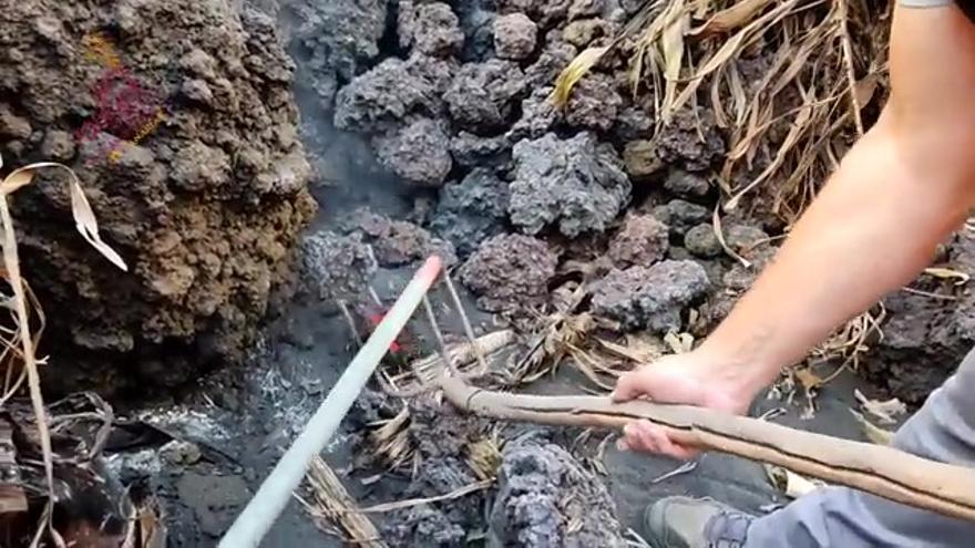 Recogida de lava del volcán de La Palma en la zona de Las Hoyas