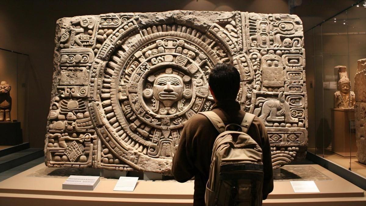 Imagen generada por inteligencia artificial de un hombre observando una representación inca del Sol
