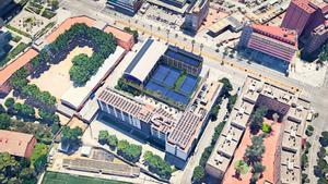 Imagen virtual del complejo con pistas de pádel previsto en el paseo de la Zona Franca, en Barcelona.