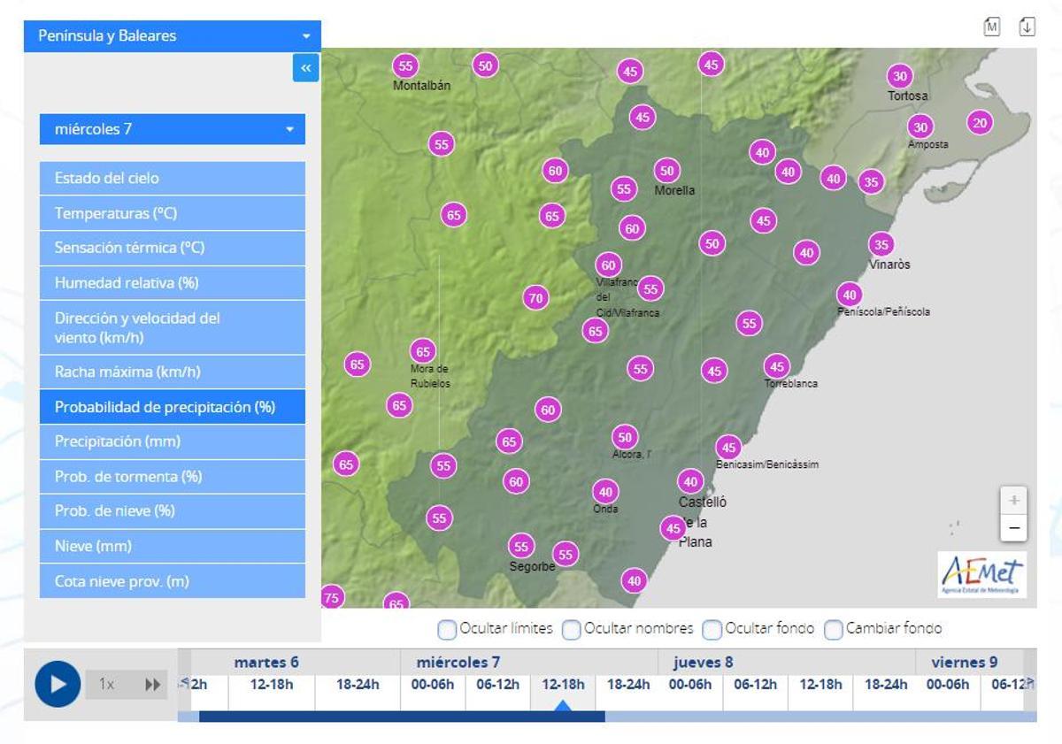 Probabilidad de lluvia el miércoles entre las 12.00 y las 18.00 horas en Castellón.