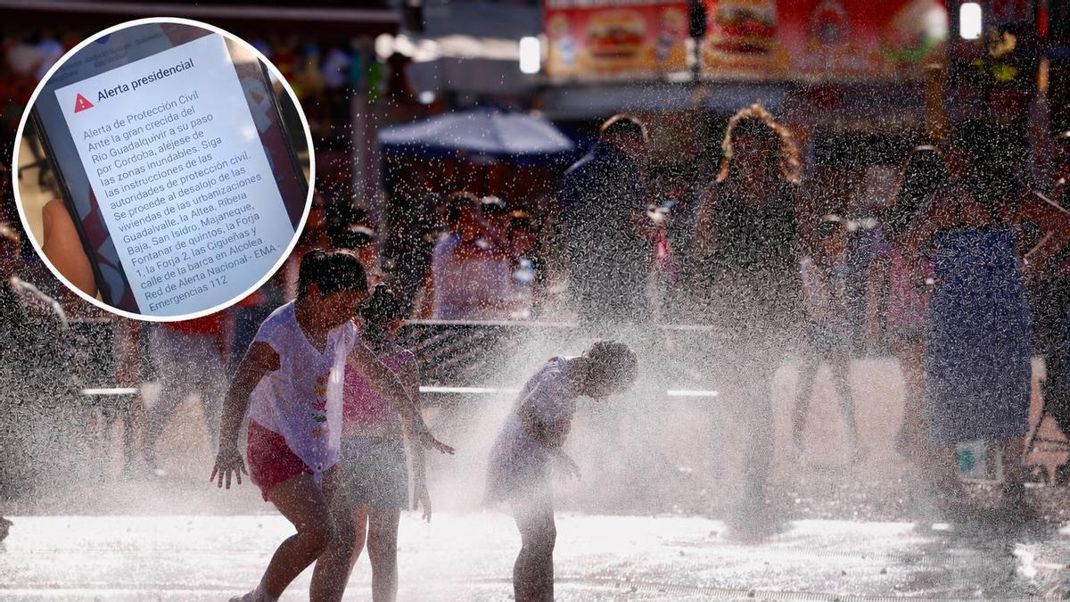 De fondo, unos niños se refrescan en unas fuentes de El Arenal; en el círculo, el mensaje de Es-Alert que se mandó en febrero a los cordobeses.