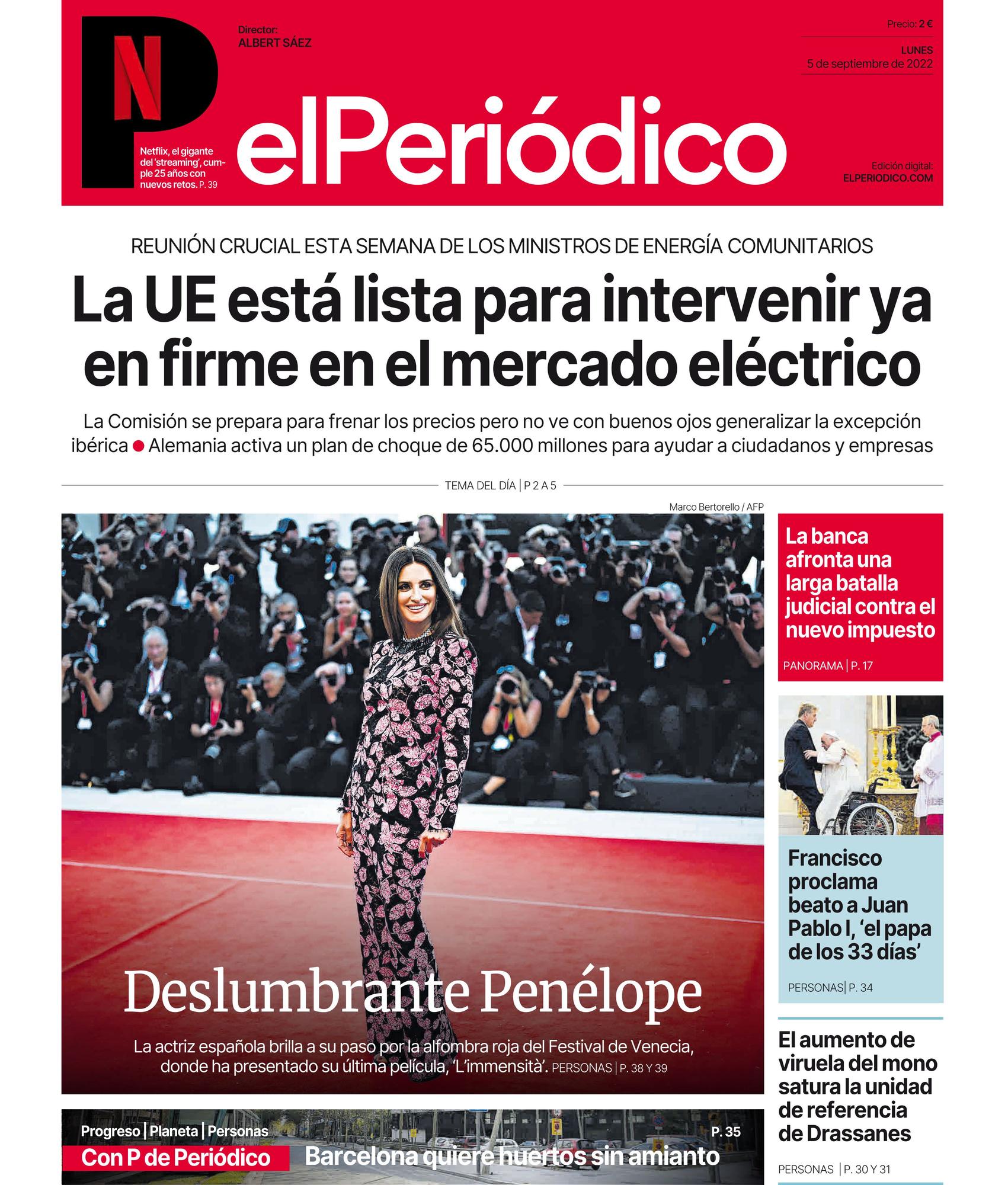 La portada de EL PERIÓDICO del lunes 5 de septiembre de 2022.