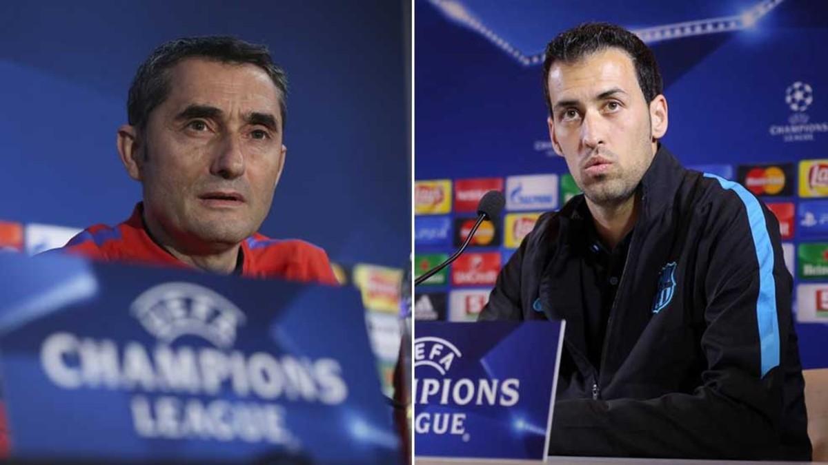 Ernesto Valverde y Sergio Busquets comparecen este martes en la rueda de prensa previa al FC Barcelona - Chelsea de Champions League