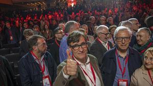 El líder y candidato del PSC, Salvador Illa, en un acto de partido al que acudieron los líderes sindicales en Cataluña.