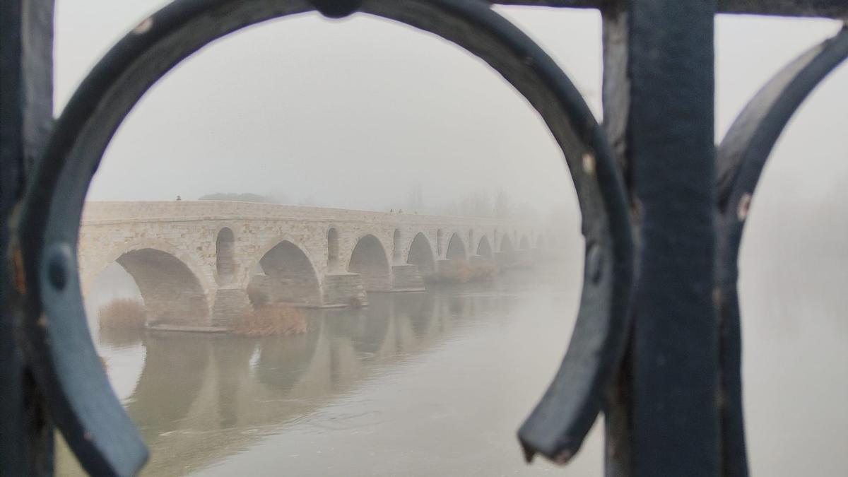 Puente de Piedra, en Zamora, cubierto por la niebla