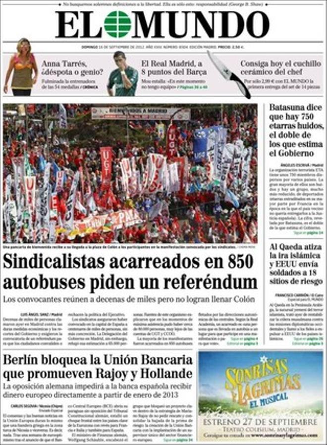 Portada de la prensa nacional y internacional del 16 de septiembre de 2012