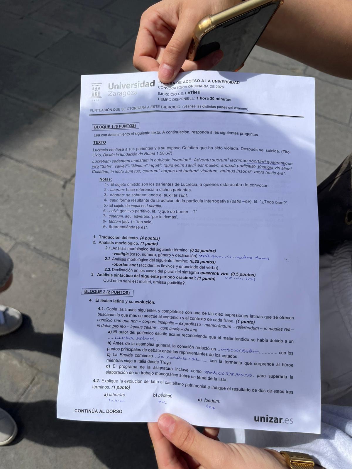 Primera carilla del examen de Latín II en la PAU 2026 en Aragón