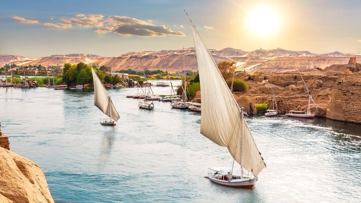 Traditional Nile sailboats near the banks of Aswan, Egypt