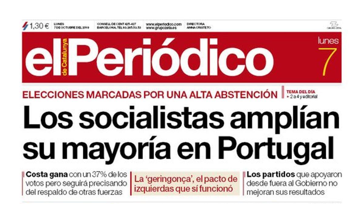 La portada de EL PERIÓDICO del 7 de octubre del 2019