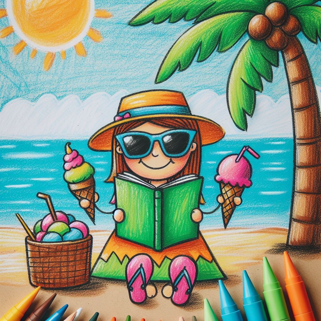 Un profesor de vacaciones en la playa como lo dibujaría un niño.