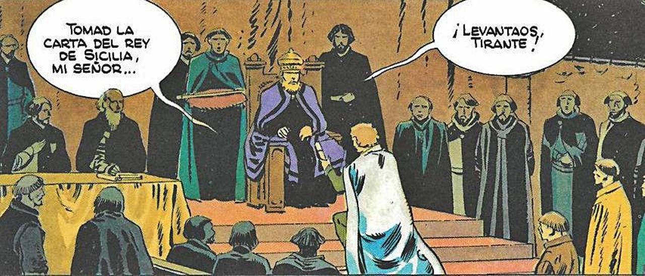 Tirante el Blanco en la corte del rey de Constantinopla donde recibirá el bastón de oro de la Capitanía Imperial.