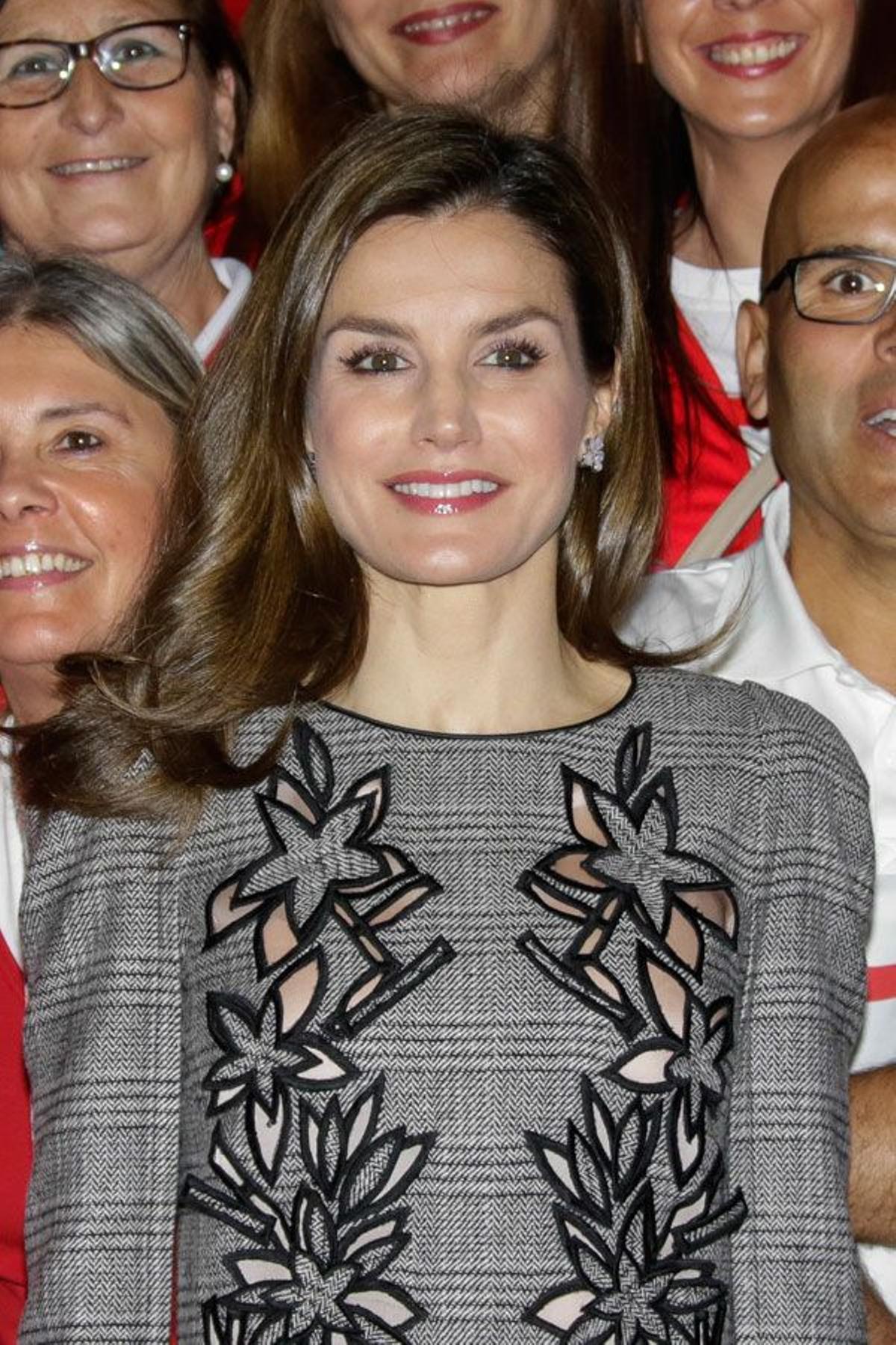 Detalle del vestido rosa y gris de Carolina Herrera de Letizia Ortiz en Sevilla