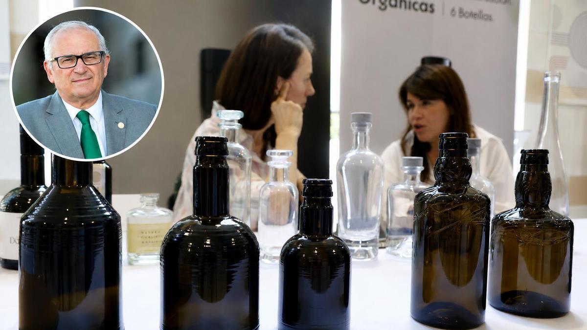 Exposición de modelos de envase para aceite de oliva mostrados en Rabanales; en el recuadro, Manuel Parras.