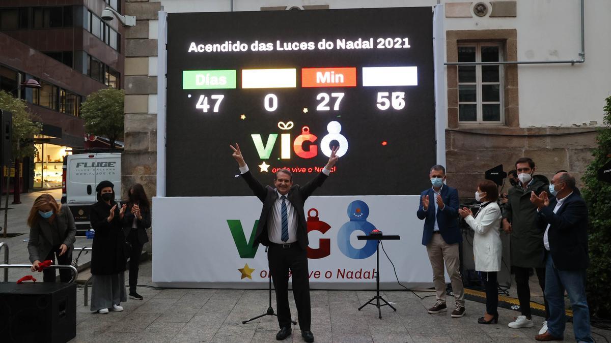 El alcalde, Abel Caballero, durante la presentación de la cuenta atrás del encendido de las luces de la Navidad en Vigo 2021