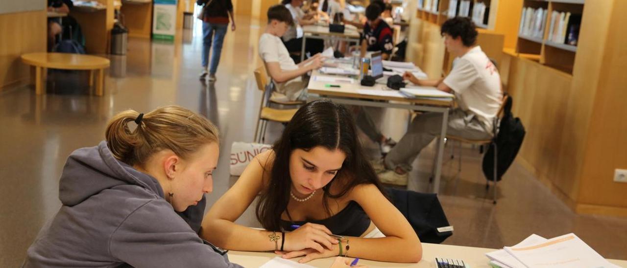 Estudiantes de secundaria se preparan un examen en una biblioteca de Barcelona.