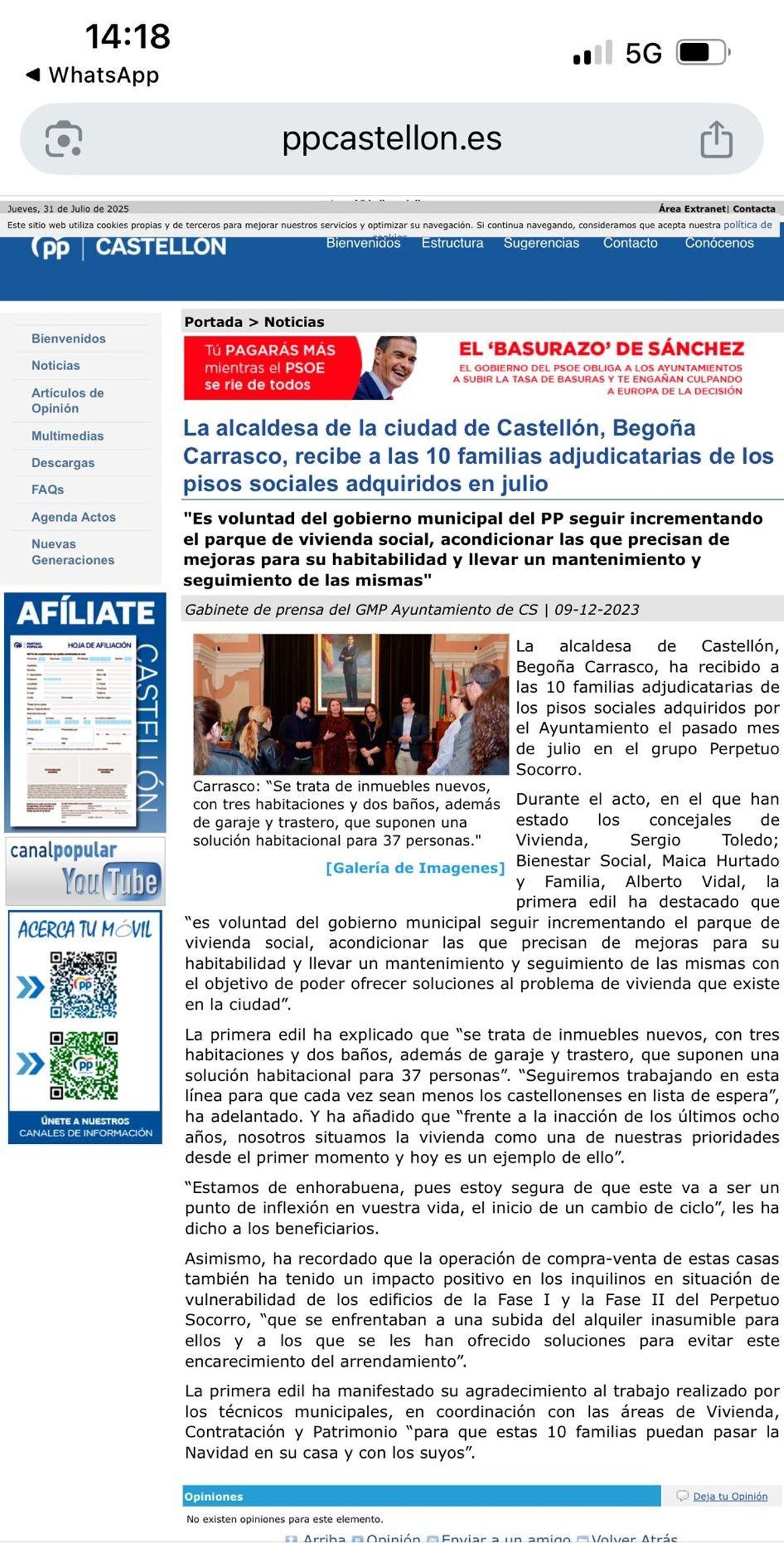 Noticia en la web del PP al finalizar el pleno de ayer, tras la polémica.
