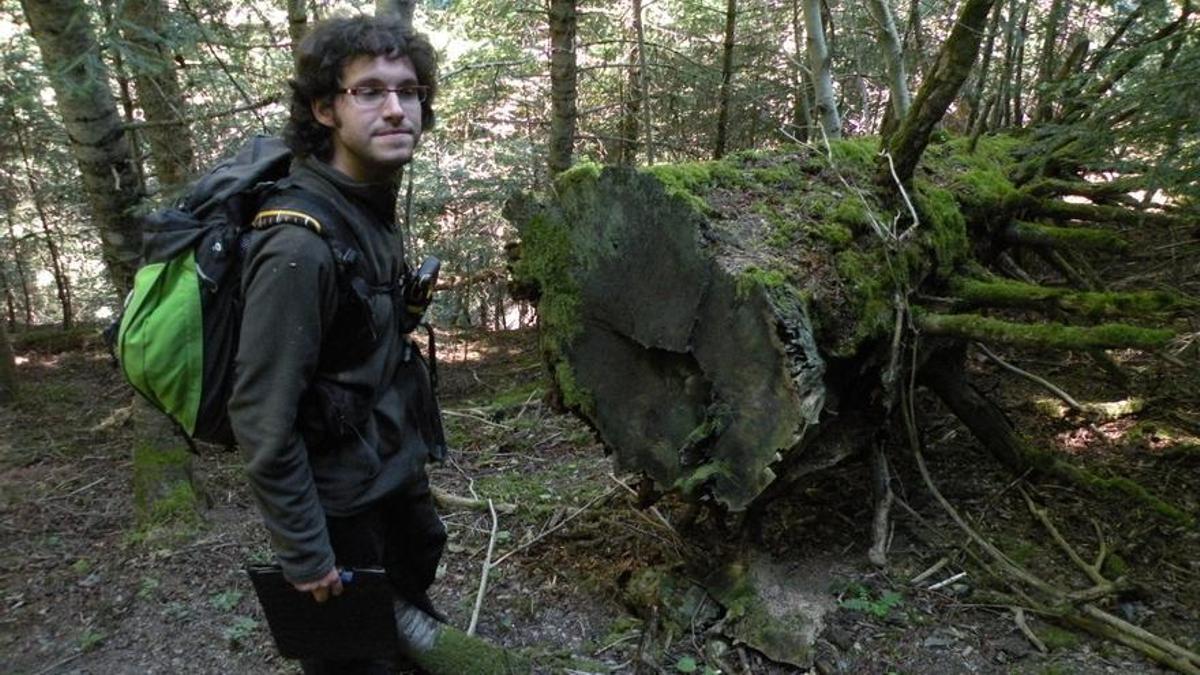 Carles Batlles, técnico de investigación del CREAF, delante de madera muerta.