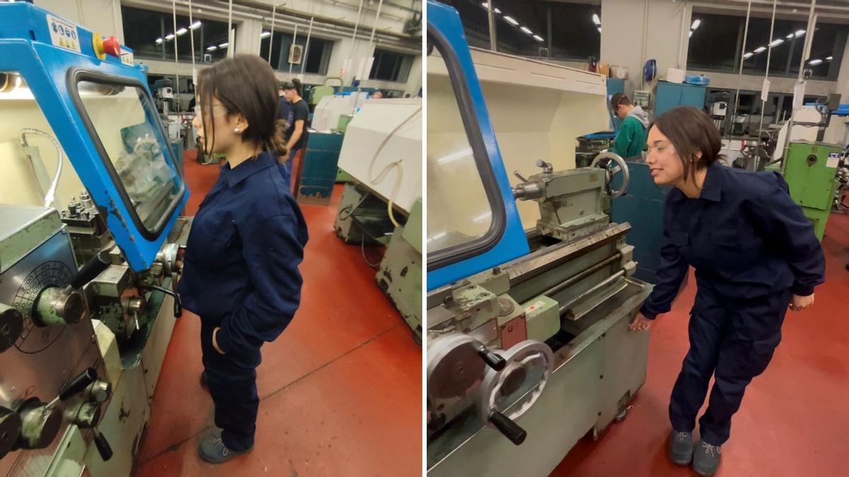 Coral García, manejando máquinas industriales, durante su formación en el CIFP de los Sectores Industrial y de Servicios de La Laboral de Gijón