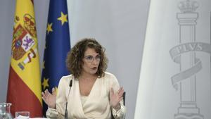 La ministra de Hacienda, María Jesús Montero, durante la presentación del proyecto de ley de Presupuestos en La Moncloa.