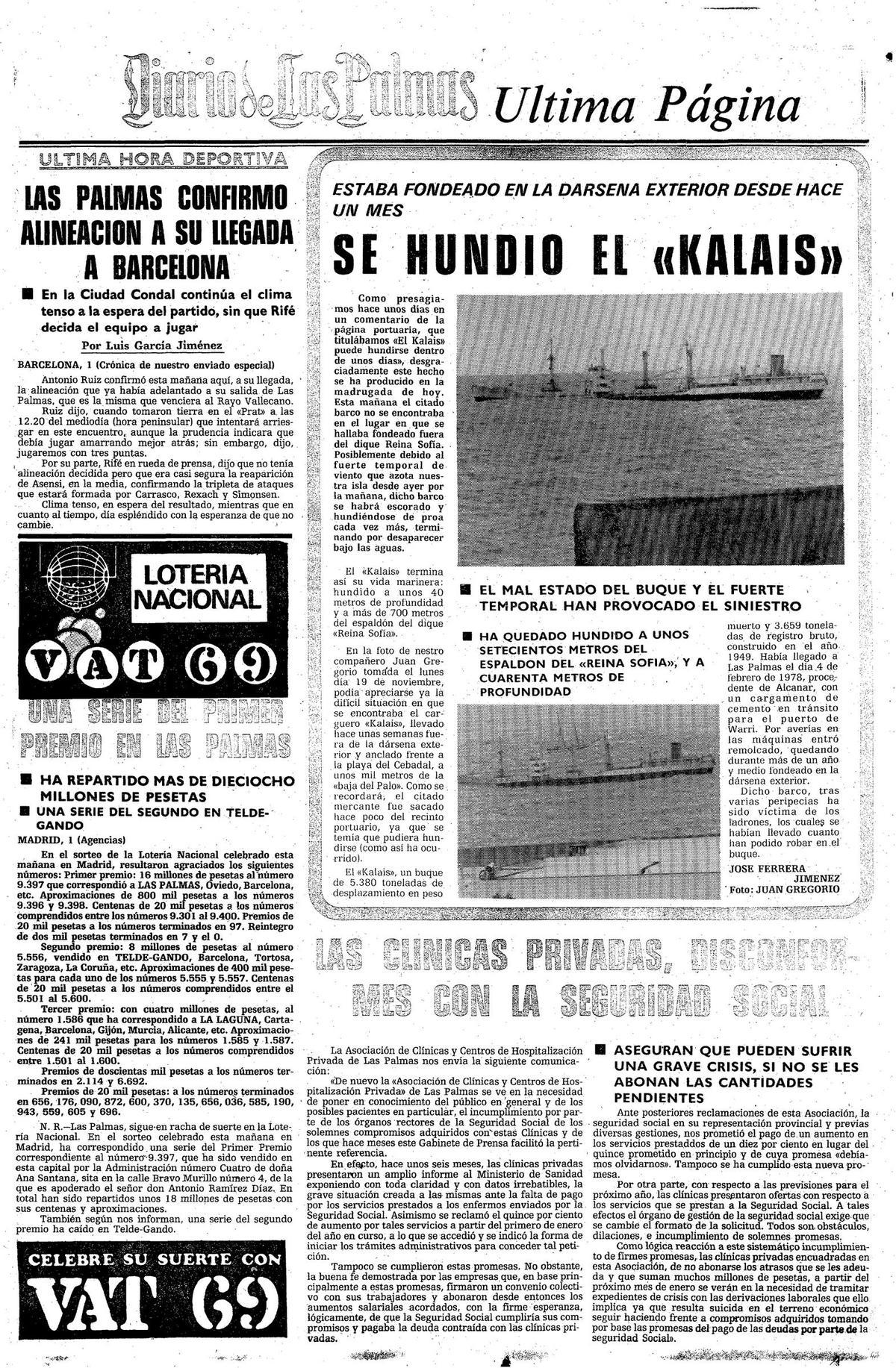 Portada del periódico 'Diario de Las Palmas' el día del hundimiento del barco.