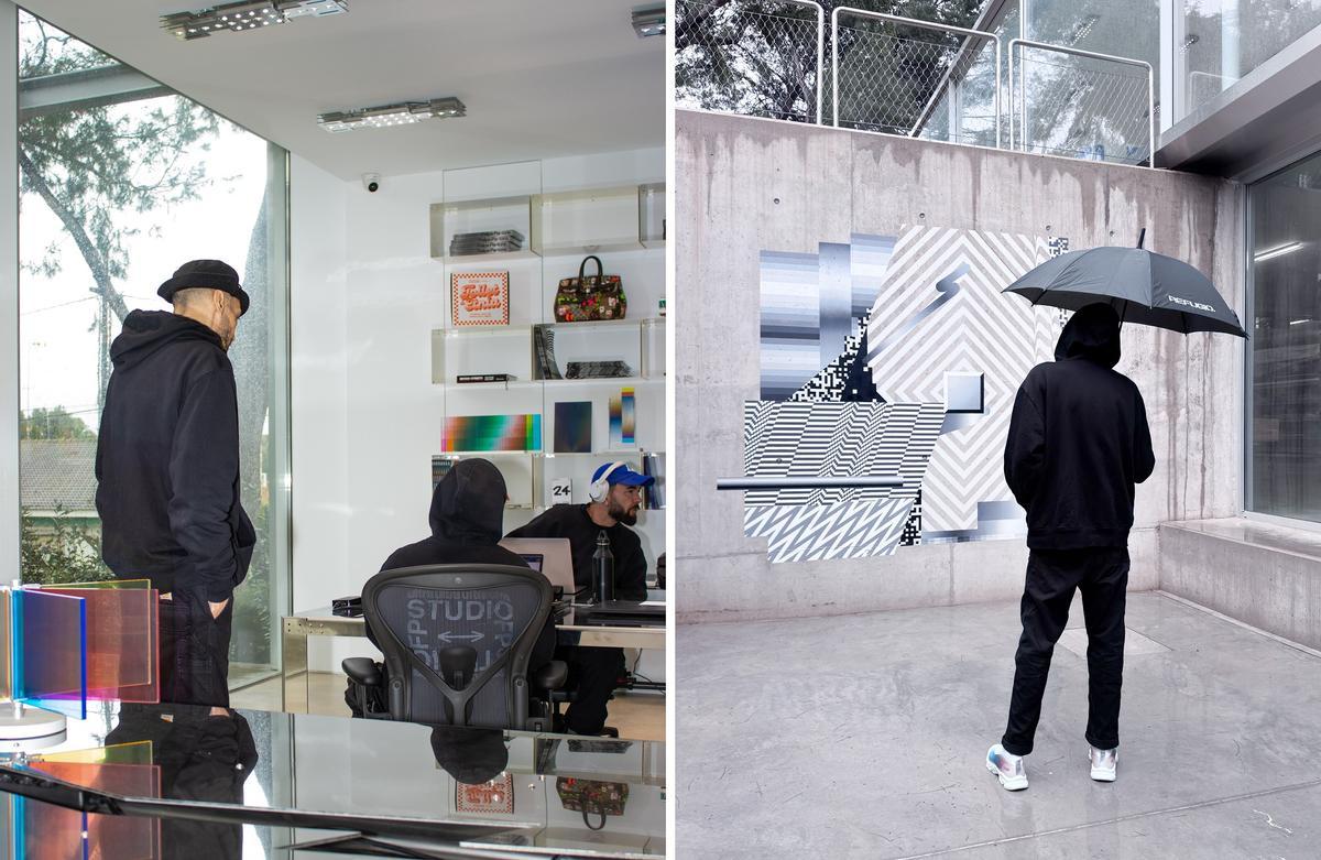 El rapero en el estudio de Felipe Pantone en Casa Axis, en l'Eliana, durante la residencia artística.